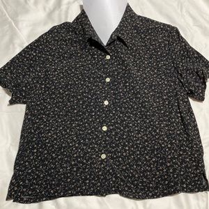 Talbots short sleeve blouse, black with beige floral pattern, MP